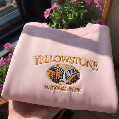 Yellowstone National Park Embroidered Sweatshirt, Vintage Waterfall Landscape Crewneck, Wyoming Montana Idaho Nature Gift
