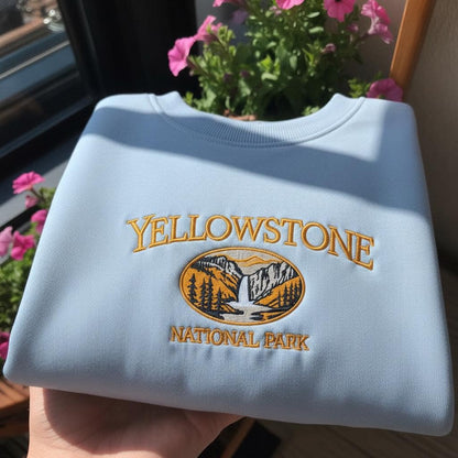Yellowstone National Park Embroidered Sweatshirt, Vintage Waterfall Landscape Crewneck, Wyoming Montana Idaho Nature Gift