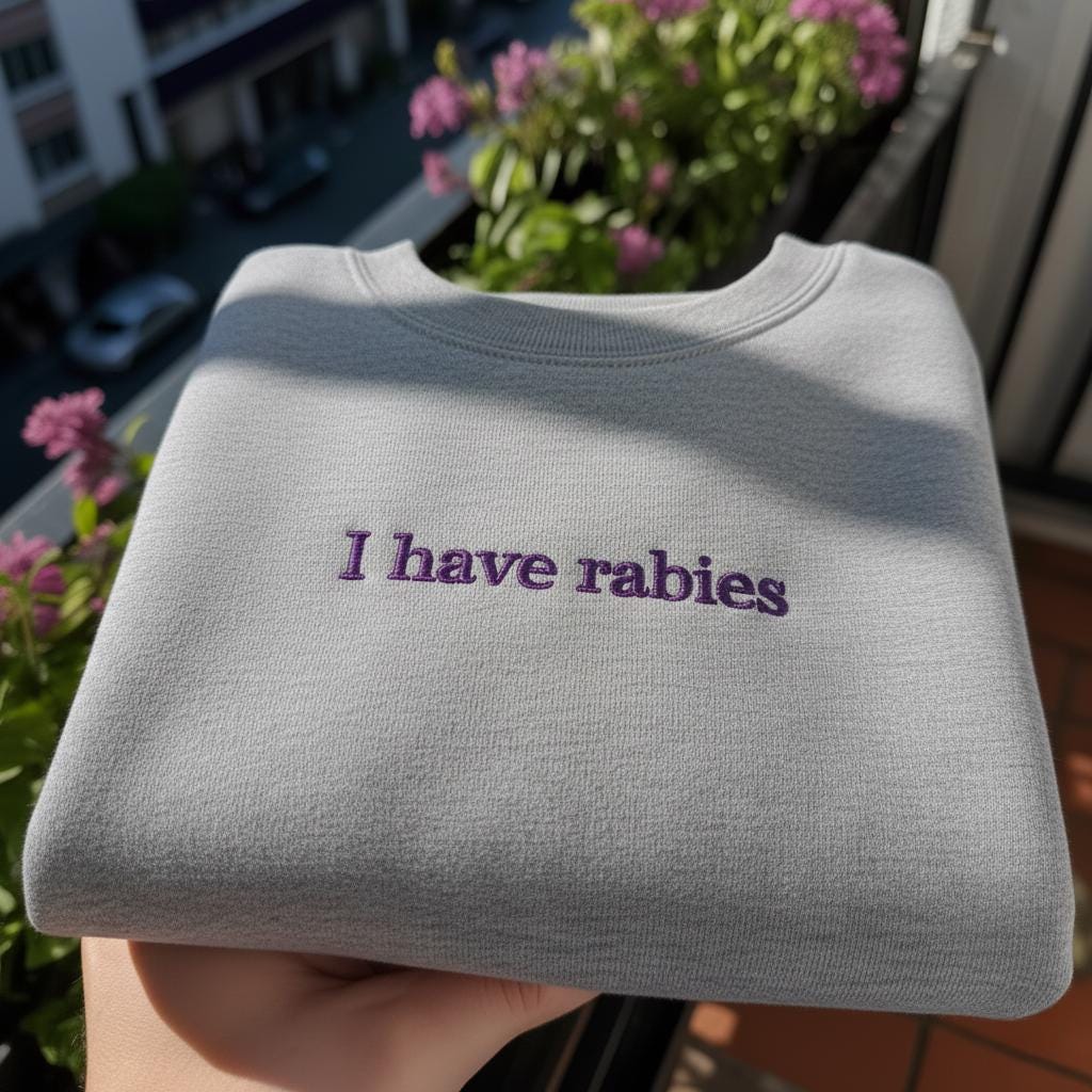 I Have Rabies Embroidered Sweatshirt, Funny Ironic Humor Crewneck, Weirdly Specific Quote Shirt, Aesthetic Minimalist Pullover