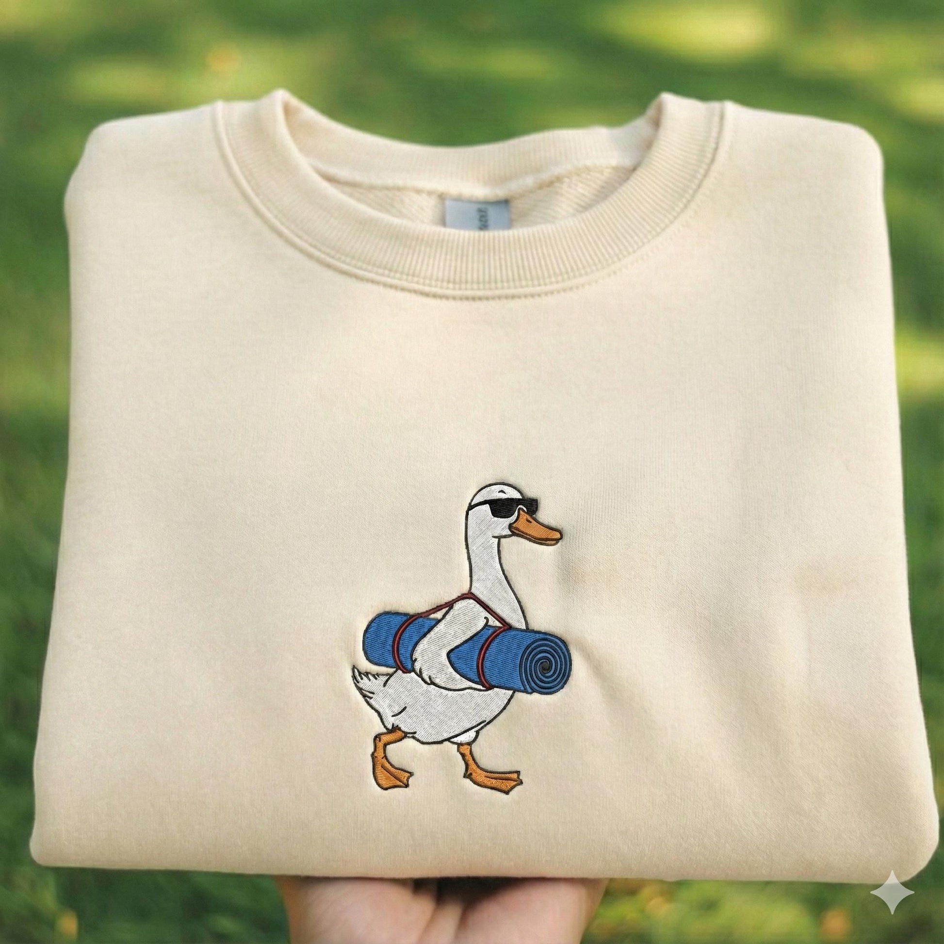 Funny Yoga Goose Embroidered Sweatshirt, Cute Duck With Yoga Mat Crewneck, Fitness Humour Gift Shirt, Aesthetic Cream Animal Lover Sweater