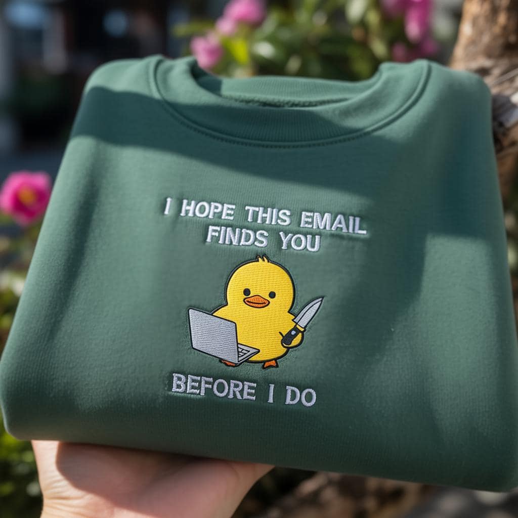 I Hope This Email Finds You Before I Do Embroidered Sweatshirt, Funny Office Sarcasm Crewneck, Dark Humor Coworker Gift, Green Duck Sweater