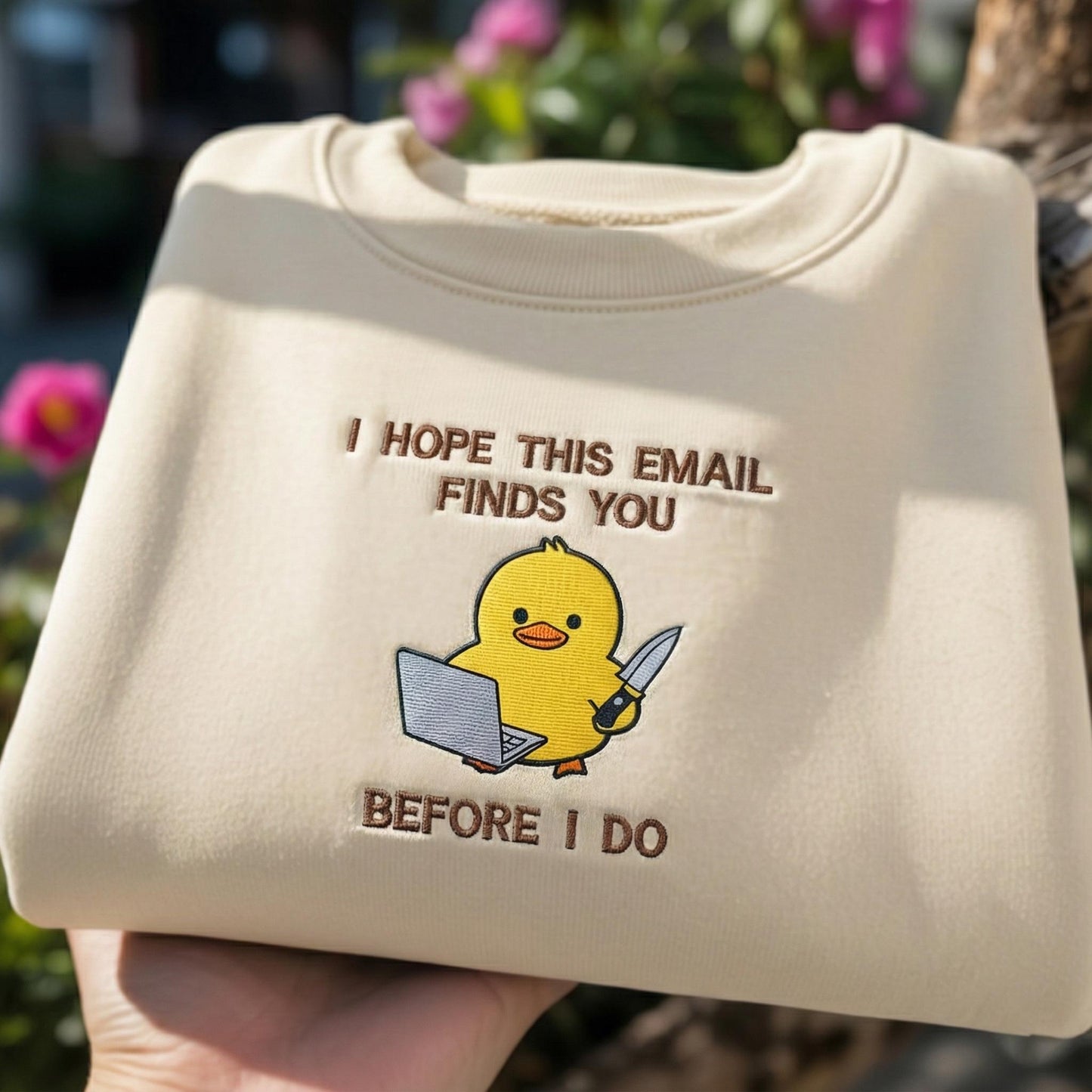 I Hope This Email Finds You Before I Do Embroidered Sweatshirt, Funny Office Sarcasm Crewneck, Dark Humor Coworker Gift, Green Duck Sweater