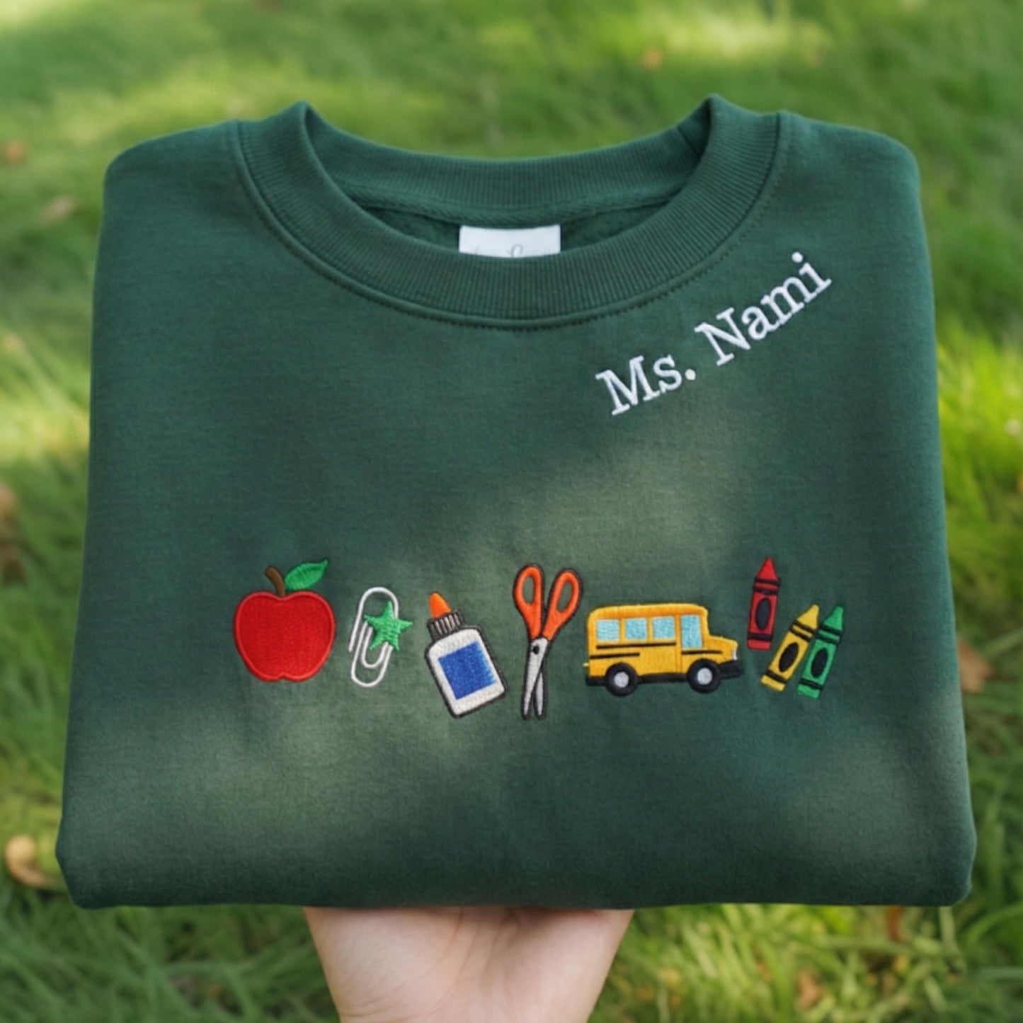 Apple Teacher Custom Name Embroidered Sweatshirt, Personalized School Icons Crewneck, School Bus Apple Crayon Teacher Shirt, Classroom Shirt