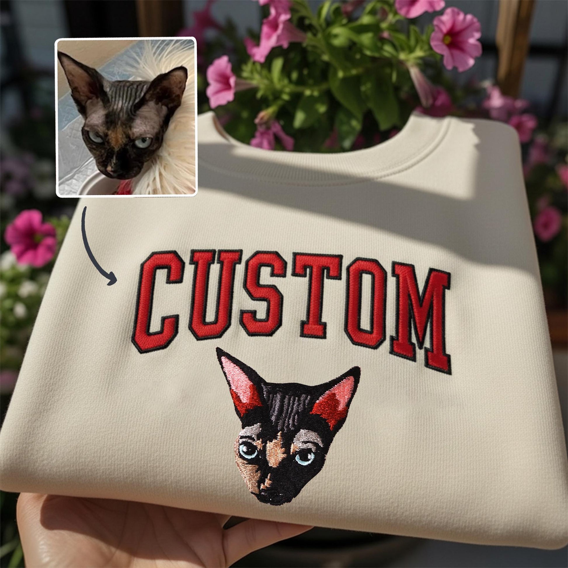 Custom Pet Portrait Embroidered Sweatshirt, Dog Cat Memorial Gift