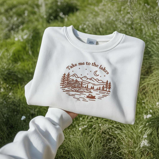 Sweatshirt Lakes Embroidered Sweatshirt, Vintage Lake Crewneck, Cozy Outdoors Embroidery Gift