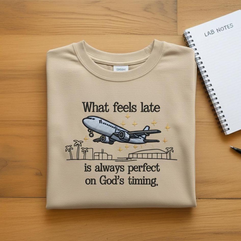 Sweatshirt What Feels Late Is Always Perfect Embroidered Sweatshirt, Christian Faith Quote Crewneck, God’s Timing Gift