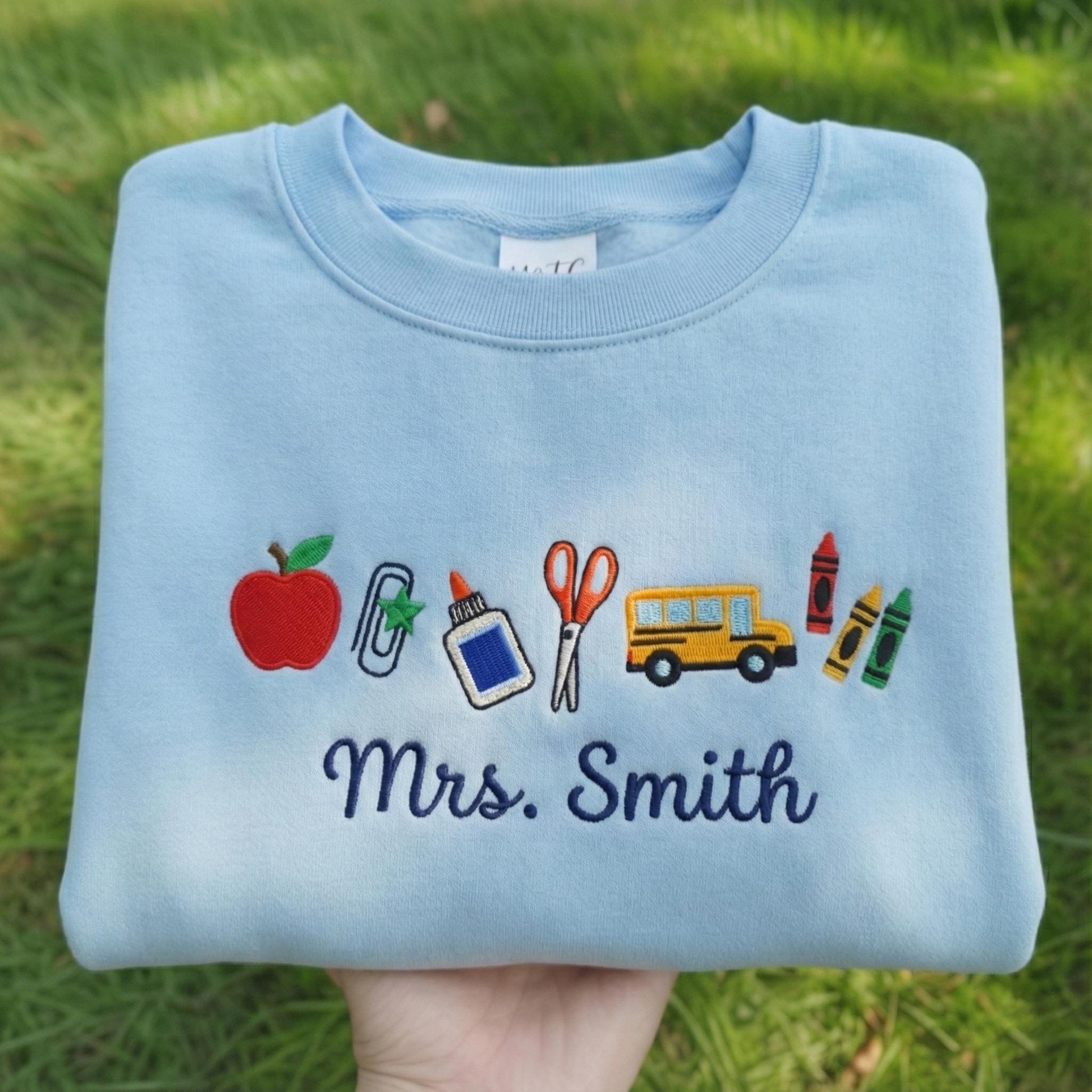 Teacher Icons With Custom Name Embroidered Sweatshirt, Crayon Teacher, Back to School Gift, Personalized Teacher, Teacher Appreciation gift