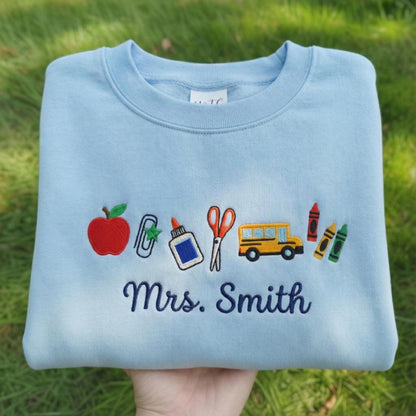 Teacher Icons With Custom Name Embroidered Sweatshirt, Crayon Teacher, Back to School Gift, Personalized Teacher, Teacher Appreciation gift