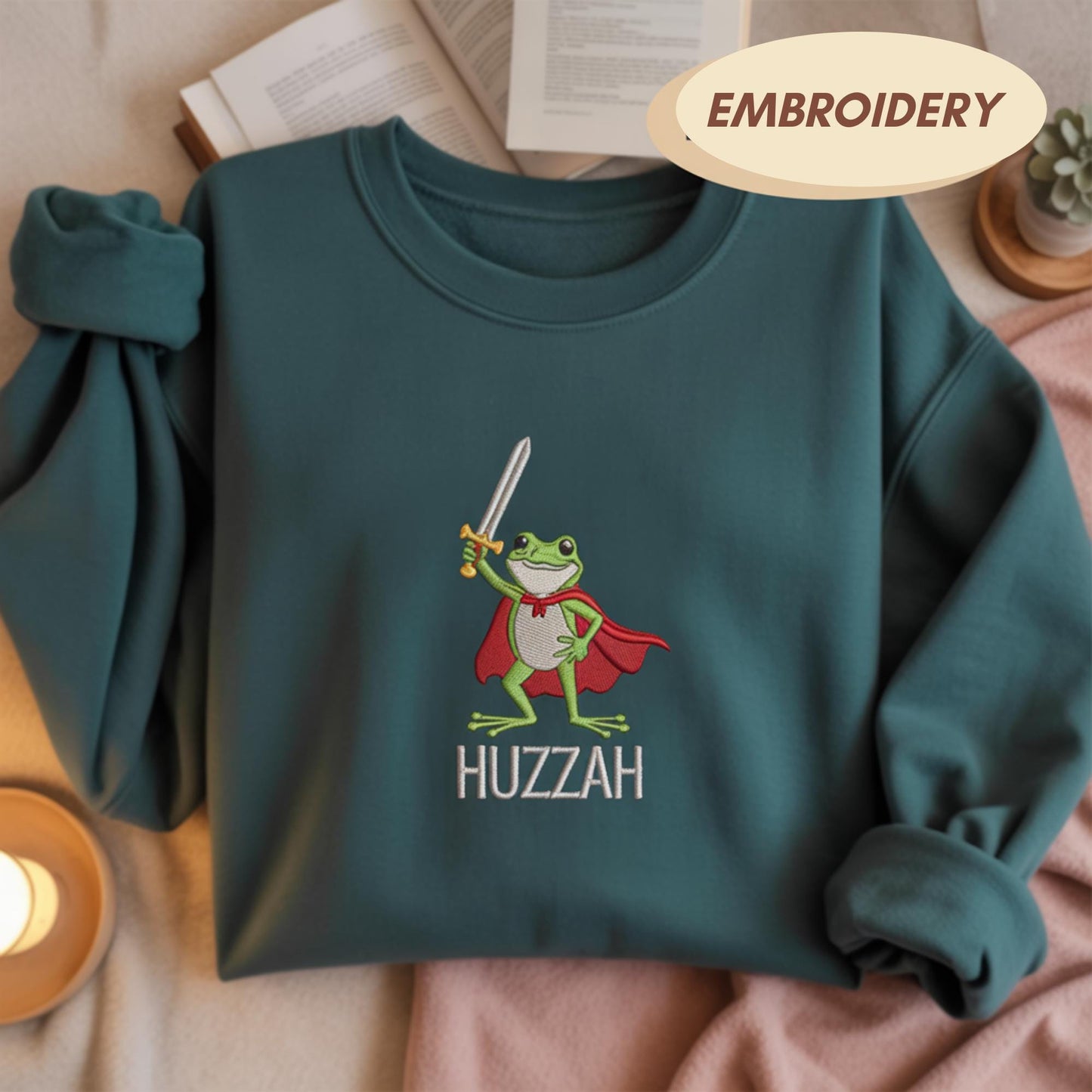 Huzzah Embroidered Frog Knight Sweatshirt, Funny Frog Meme Shirt, Cute Animal Crewneck, Fantasy Sword Top