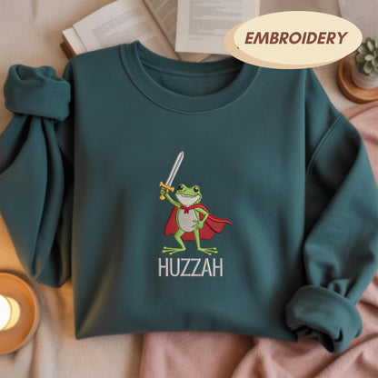 Huzzah Embroidered Frog Knight Sweatshirt, Funny Frog Meme Shirt, Cute Animal Crewneck, Fantasy Sword Top