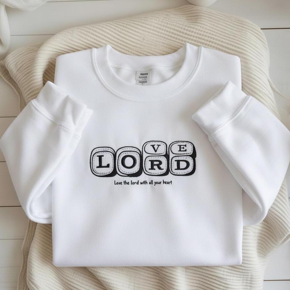 Sweatshirt Love The Lord Embroidered Sweatshirt, Christian Faith Typography Crewneck, Minimal Religious Gift