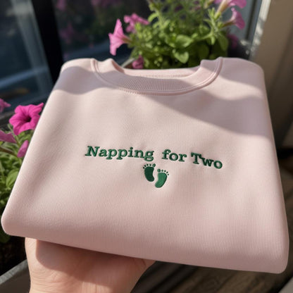 Napping For Two Embroidered Sweatshirt, Funny Pregnancy Announcement Crewneck, New Mom Nap Shirt, Maternity Pullover, Baby Shower Gift
