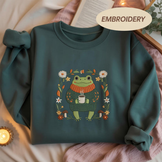 Frog With Coffee Embroidered Sweatshirt, Cottagecore Aesthetic Shirt, Coffee Lover Crewneck, Cute Animal Floral Top