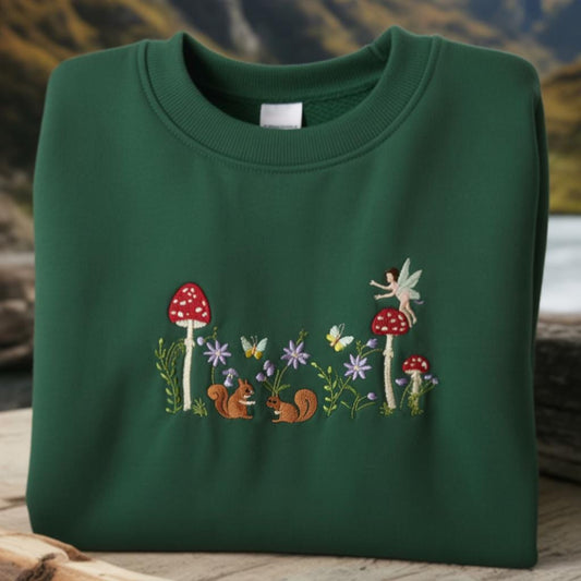Mushroom Fairy Squirrel Embroidered Sweatshirt, Cottagecore Aesthetic Shirt, Nature Woodland Crewneck, Cute Animal Gift Top