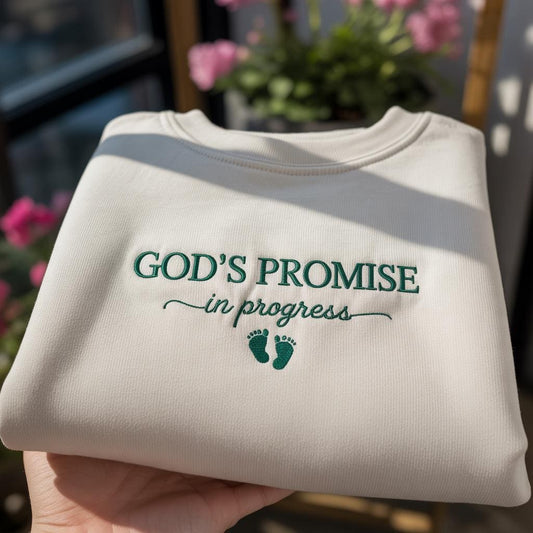 God's Promise In Progress Embroidered Sweatshirt, Christian Pregnancy Announcement Crewneck, Faith Based Maternity Pullover, New Mom Gift