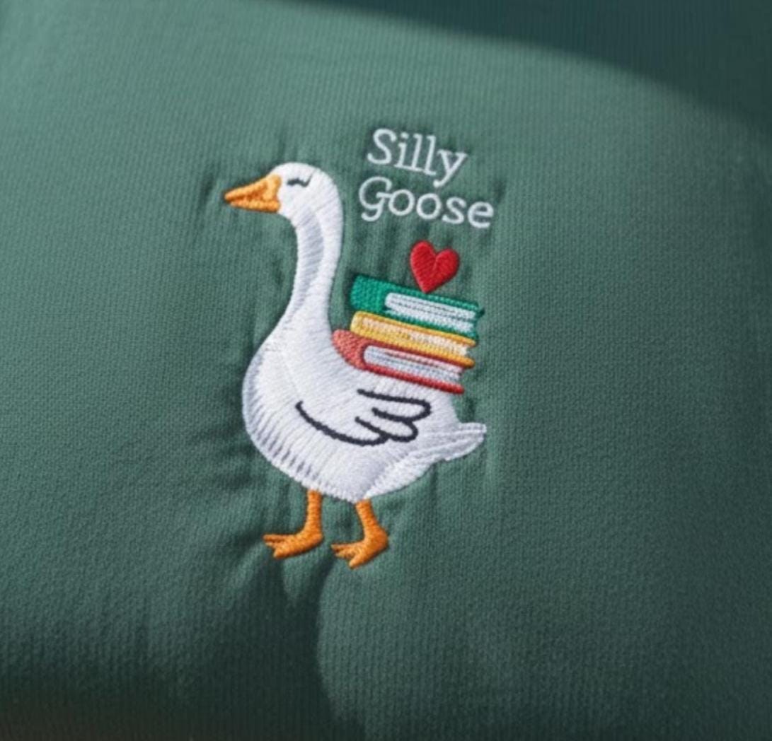 Silly Goose Embroidered Shirt, Funny Goose Reading Sweatshirt, Book Lover Valentine Cute Goose With Books Shirt, Aesthetic Librarian Shirt