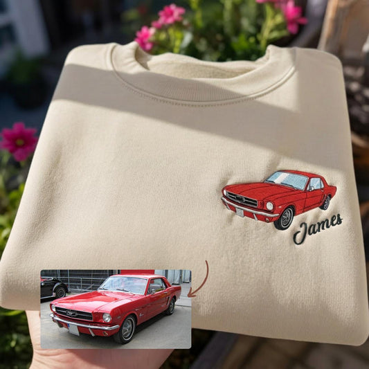 Custom Car Photo Embroidered Sweatshirt, Personalized Auto Portrait Hoodie, Car Lover Birthday Gift For Him, Race Car Embroidery Gift