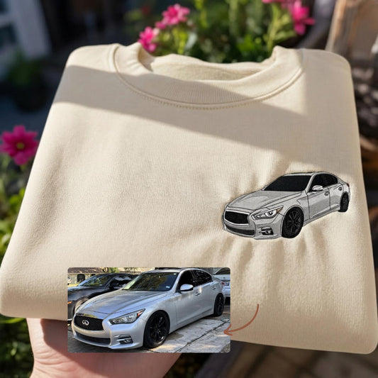 Custom Embroidered Car Hoodie, Personalized Sleeve Text, Dad Gift, Car Portrait Pullover, Truck Photo Sweatshirt, Race Car Embroidery Gift