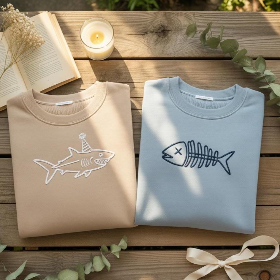 Embroidered Shark & Fishbone Sweatshirt Set, Couple Matching Crewneck