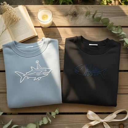 Embroidered Shark & Fishbone Sweatshirt Set, Couple Matching Crewneck