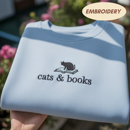 Cats and Books Embroidered Shirt, Cute Cat Lover Sweatshirt, Aesthetic Bookish Crewneck, Gift for Readers and Cat Moms, Minimalist Kitten