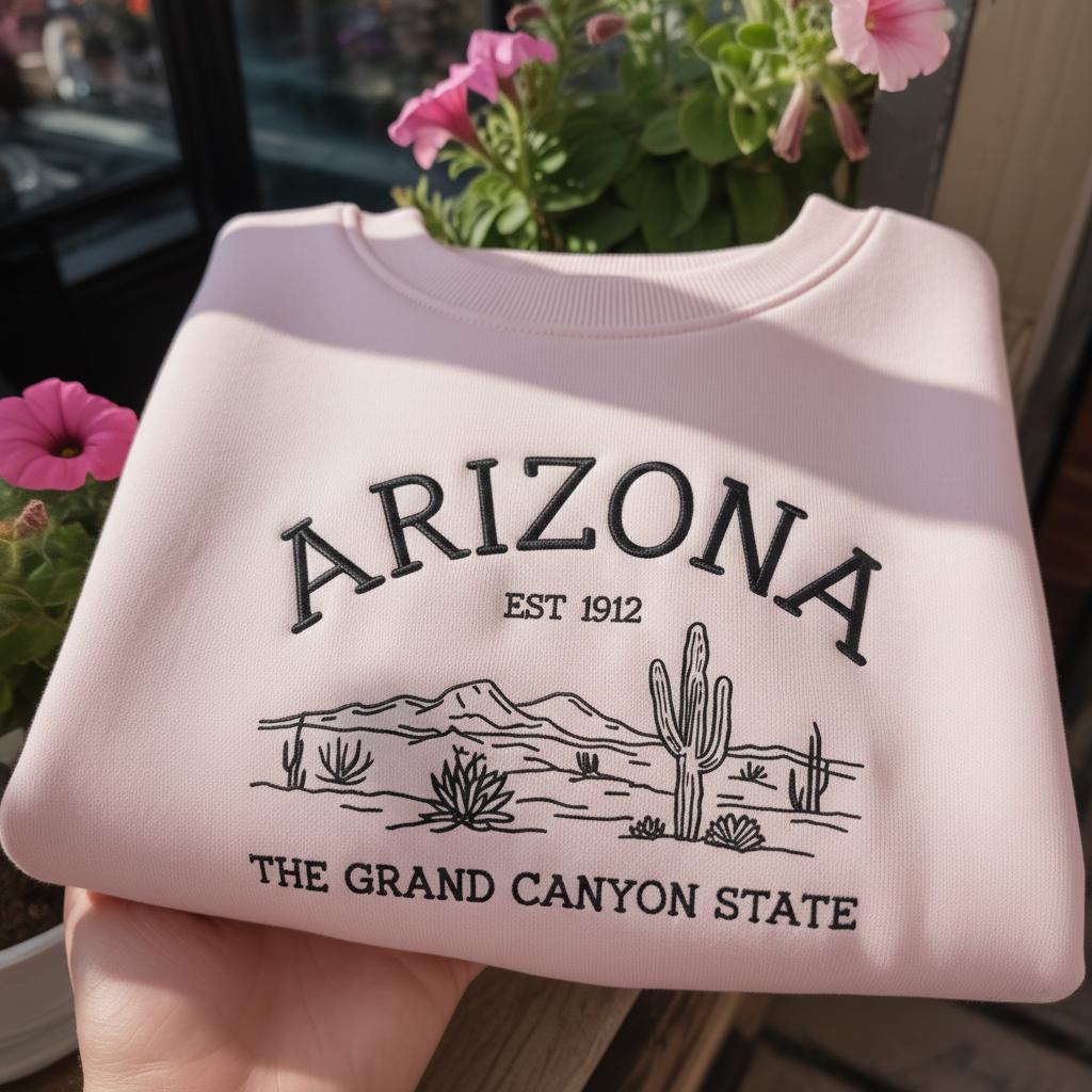 Arizona The Grand Canyon State Embroidered Sweatshirt, Vintage Desert Saguaro Crewneck, Retro Est 1912 Pullover, Aesthetic Travel Gift Shirt