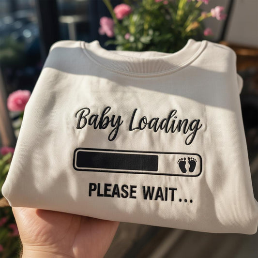Baby Loading Please Wait Embroidered Sweatshirt, Funny Pregnancy Reveal Crewneck, New Mom Gift, Maternity Pullover, Baby Announcement Shirt