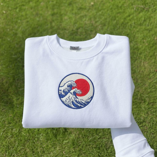 Sweatshirt Custom Great Wave Embroidered Sweatshirt, Japanese Wave Crewneck, Red Sun Japan Embroidery Gift