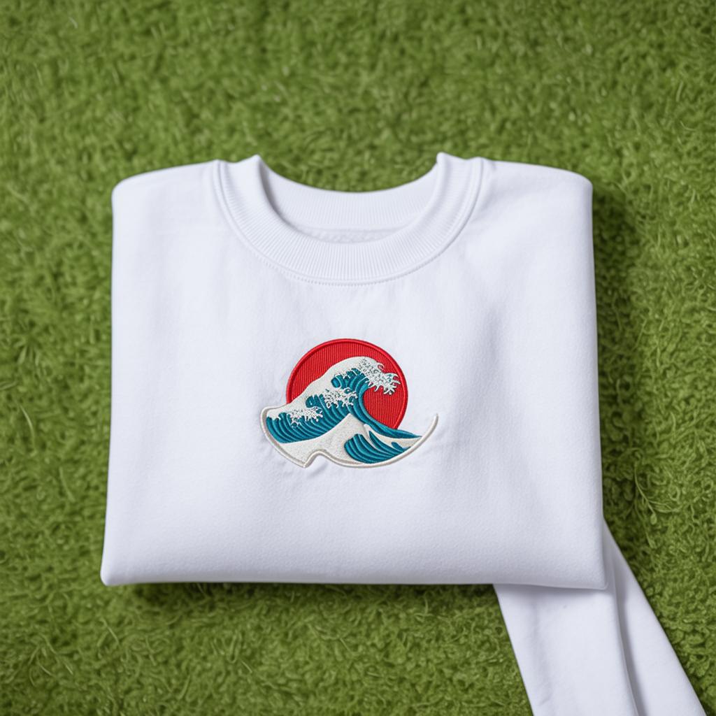 Embroidered Japanese Wave Sweatshirt, Red Sun Crewneck