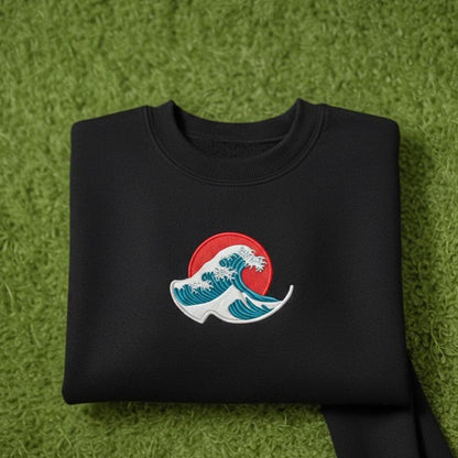 Embroidered Japanese Wave Sweatshirt, Red Sun Crewneck