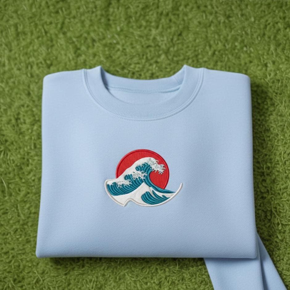 Embroidered Japanese Wave Sweatshirt, Red Sun Crewneck