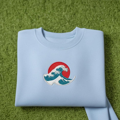 Embroidered Japanese Wave Sweatshirt, Red Sun Crewneck