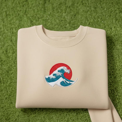 Embroidered Japanese Wave Sweatshirt, Red Sun Crewneck