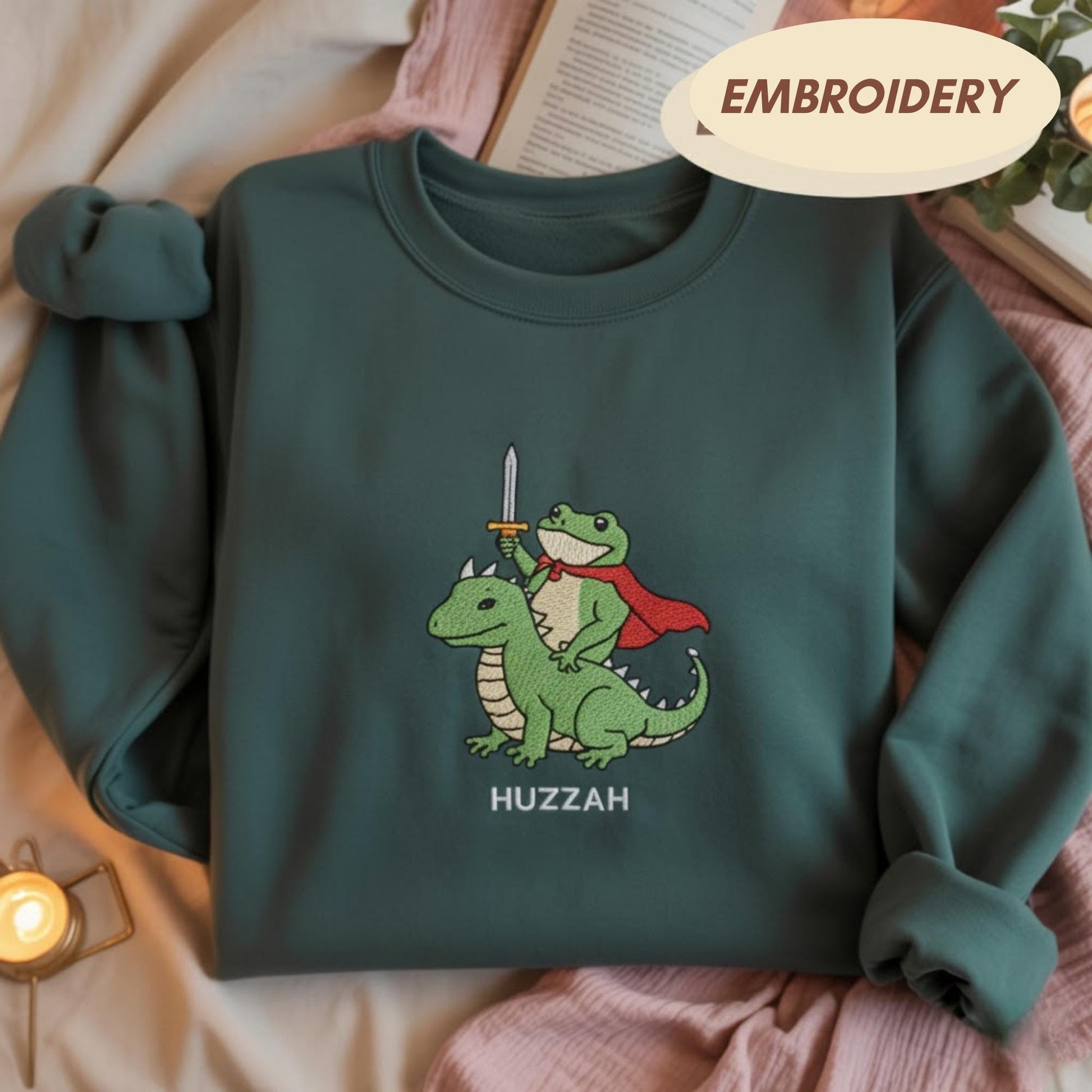 Huzzah Frog Knight Embroidered Sweatshirt, Huzzah Frog Dragon Rider Sweatshirt, Cute Frog Riding Lizard Gift, Renaissance Faire Frog Gift
