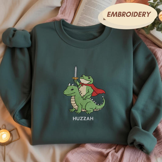 Huzzah Frog Knight Embroidered Sweatshirt, Huzzah Frog Dragon Rider Sweatshirt, Cute Frog Riding Lizard Gift, Renaissance Faire Frog Gift
