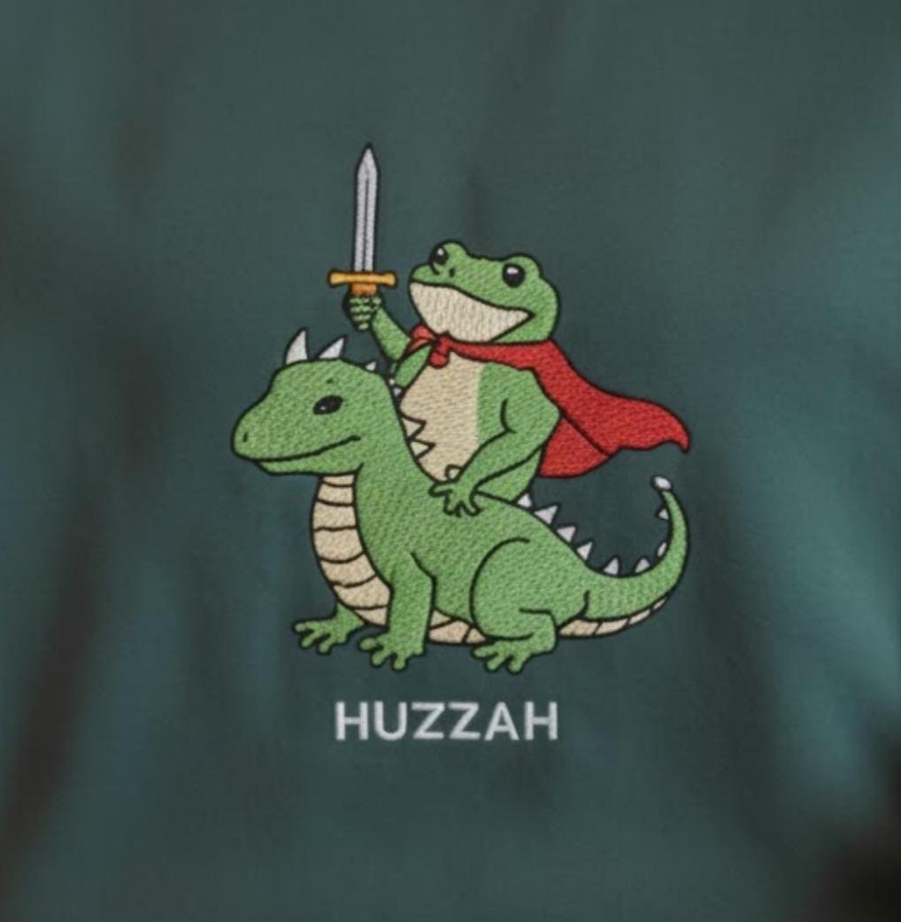 Huzzah Frog Knight Embroidered Sweatshirt, Huzzah Frog Dragon Rider Sweatshirt, Cute Frog Riding Lizard Gift, Renaissance Faire Frog Gift