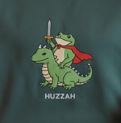 Huzzah Frog Knight Embroidered Sweatshirt, Huzzah Frog Dragon Rider Sweatshirt, Cute Frog Riding Lizard Gift, Renaissance Faire Frog Gift