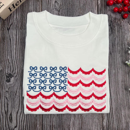 Shirt American Flag Embroidered Shirt, Coquette 4th of July Tee, Patriotic Summer Embroidery Gift