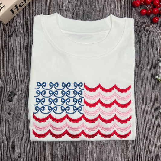 Shirt American Flag Embroidered Shirt, Coquette 4th of July Tee, Patriotic Summer Embroidery Gift