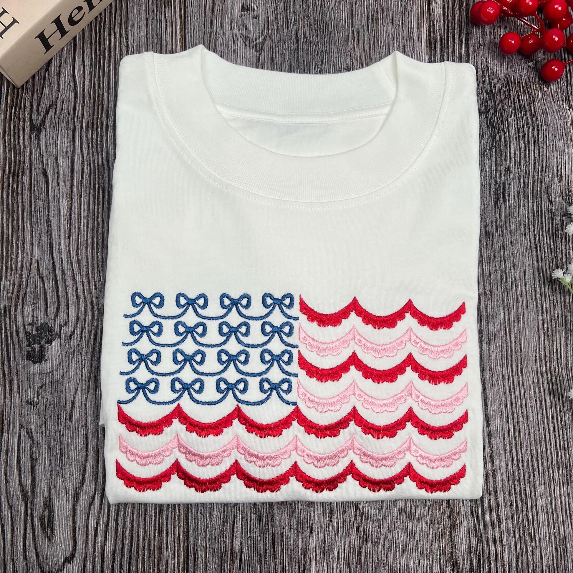 American Flag Embroidered T-Shirt | Coquette 4th of July Top | Patriotic Summer Gift