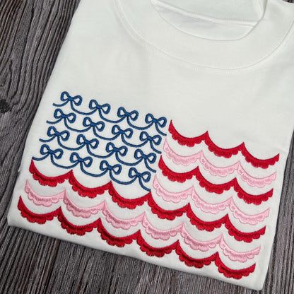 American Flag Embroidered T-Shirt | Coquette 4th of July Top | Patriotic Summer Gift