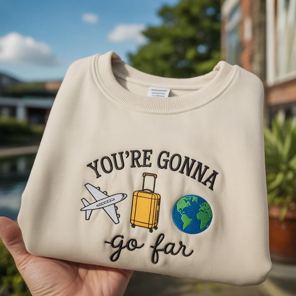 You’re Gonna Go Far Embroidered Sweatshirt: Travel Adventure Outfit, Travel Shirt, Adventurer Gift