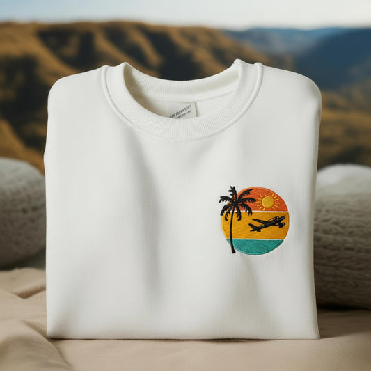Airplane & Palms Travel Embroidered Sweatshirt, Camping Life Sweatshirt, Camping Sweatshirt, Camp Life Shirt, Camping Sweatshirt