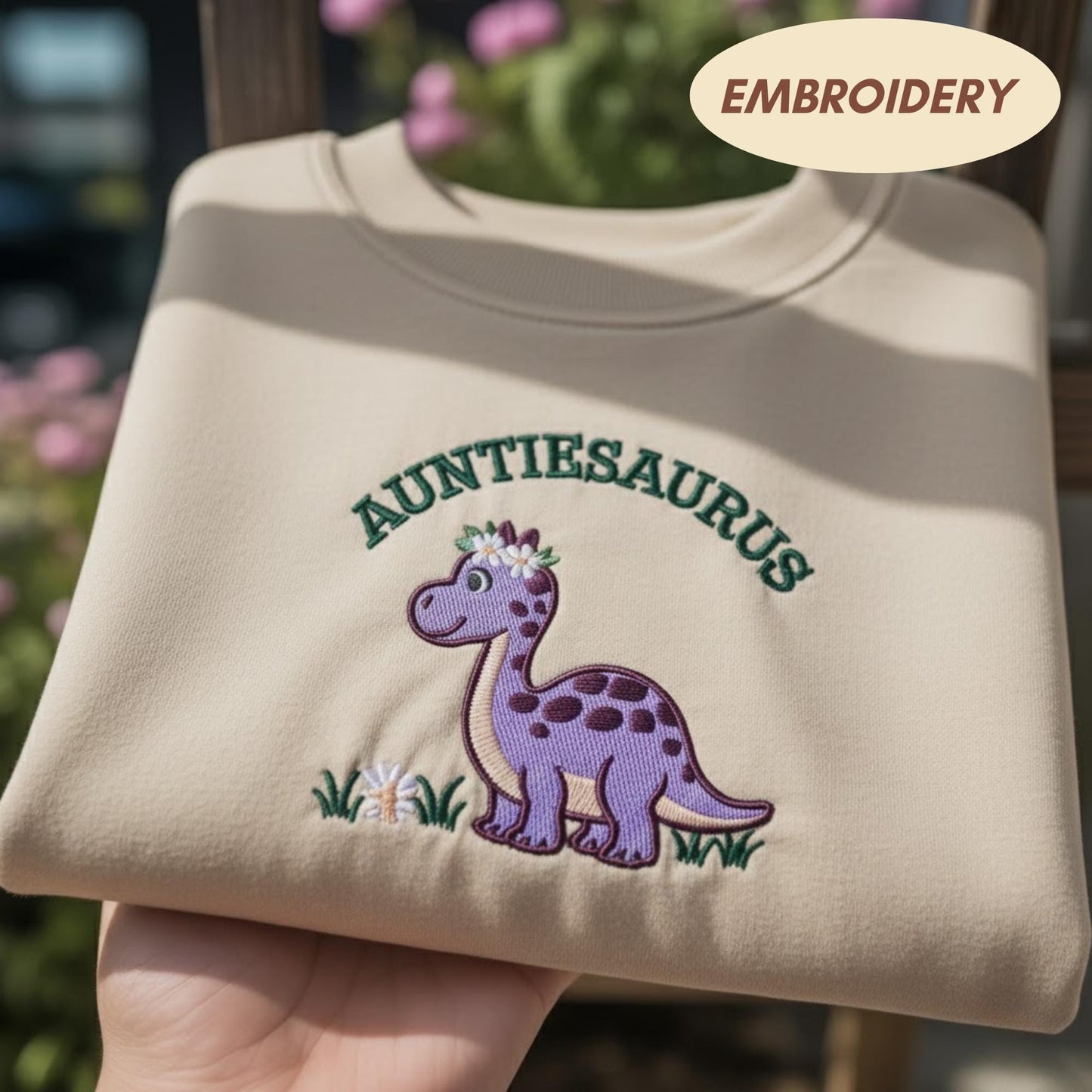 Auntiesaurus Embroidered Dinosaur Sweatshirt, Funny Auntie Shirt, Cute Dino Crewneck, New Aunt Announcement Gift, Saurus Dinosaur Shirt
