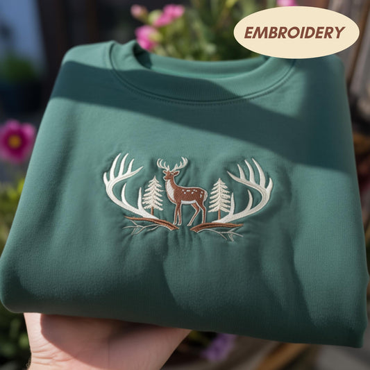 Embroidered Deer Sweatshirt, Moose Elk Embroidered Sweatshirt, Wildlife Nature Shirt, Mountain Hiking Crewneck, Hunting Season Apparel