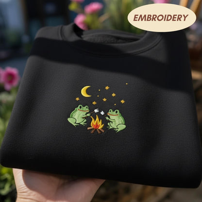 Embroidered Frog Campfire Sweatshirt, Frog Embroidered Shirt, Wildlife Nature Shirt, Mountain Hunting Crewneck, Forest Animal Gift Top