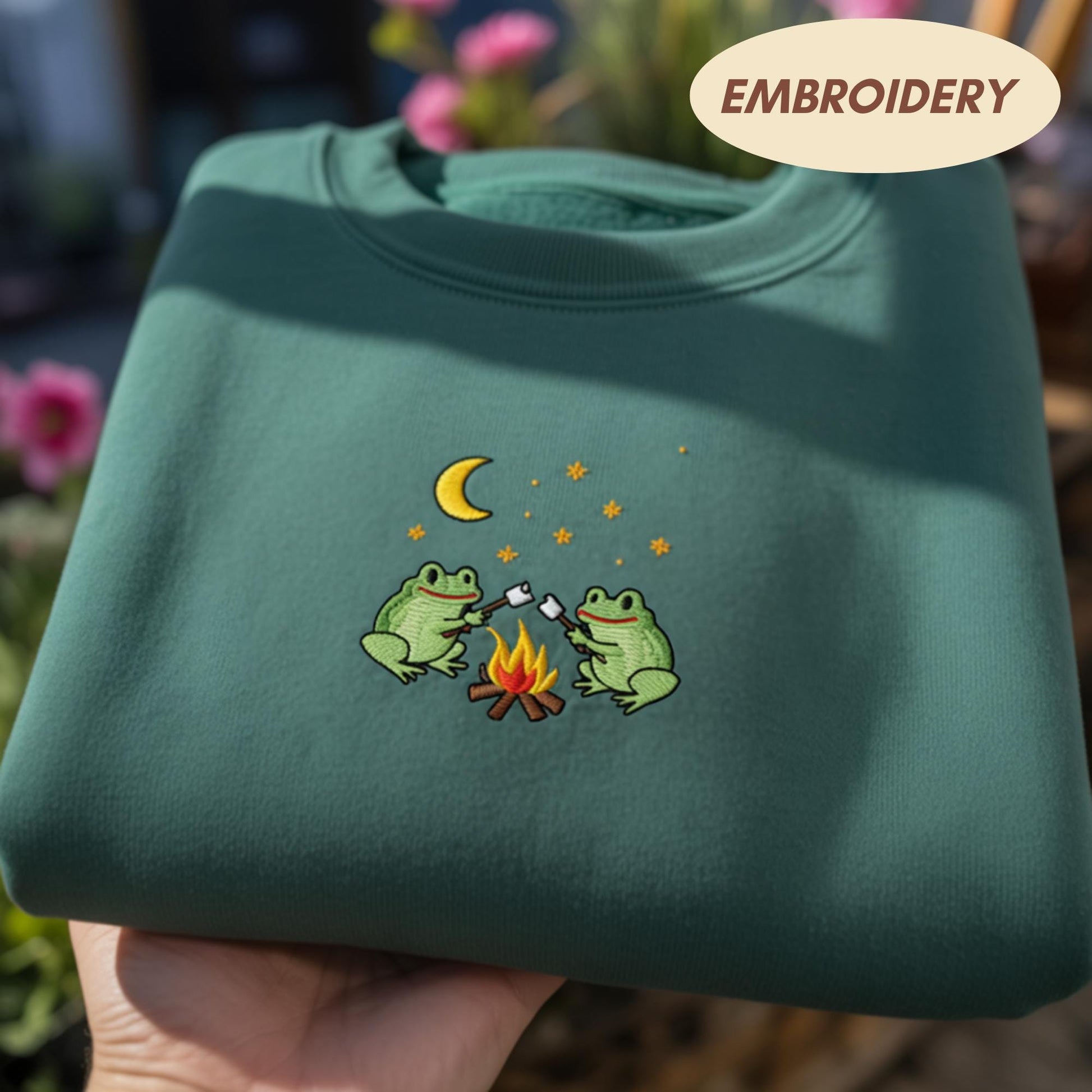 Embroidered Frog Campfire Sweatshirt, Frog Embroidered Shirt, Wildlife Nature Shirt, Mountain Hunting Crewneck, Forest Animal Gift Top
