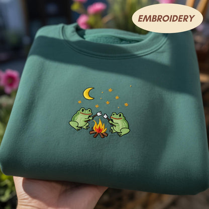 Embroidered Frog Campfire Sweatshirt, Frog Embroidered Shirt, Wildlife Nature Shirt, Mountain Hunting Crewneck, Forest Animal Gift Top