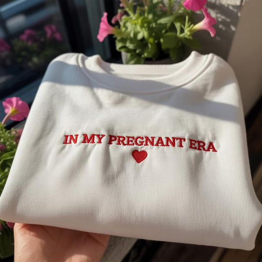In My Pregnant Era Embroidered Sweatshirt, Funny Pregnancy Reveal Crewneck, Aesthetic Mom to Be Gift Pullover, Trendy Maternity Era Shirt