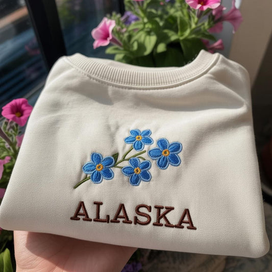 Alaska Forget Me Not Embroidered Sweatshirt, Vintage Alaska State Flower Crewneck, Aesthetic Floral Travel Gift, Retro Alaska Pride Pullover